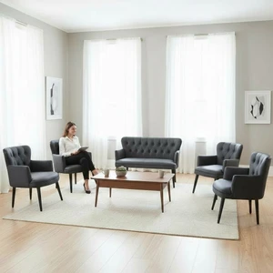 Aryans Home Ahşap Ayaklı Kollu Deri Ofis Koltuk Takımı Büro Koltukları - 2+1+1+1+1