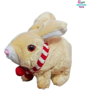 Brother Toys Elektronik Pilli Zıplayan Hareketli Atkılı Peluş Sevimli Tavşan Oyuncak 18 Cm. Bej