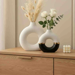 Luniva Home Dekoratif Varaklı Soyut Desenli Seramik Halka Vazo Seti (2'li) - Bohem Modern Dekor,hediyelik