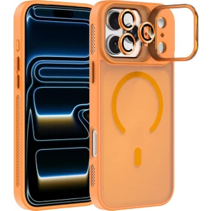 Caseart Apple iPhone 17 Pro Lens Hediyeli Kapak Kamera Korumalı Wireless Şarj Özellikli Standlı Premium Kılıf - Turuncu