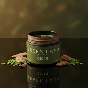 Green Land – Özel Tasarım Sedir Ağacı Kokulu Mum (250GR)  Doğal Vegan Soya Wax | Ahşap Fitil | Özel Cam Kavanoz