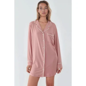Kadın Ekstra Yumuşak Gömlek Yaka Mini Rahat Gecelik Toz Pembe