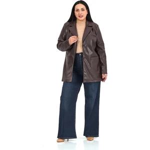 Disentis Modest Büyük Beden Torba Cepli Düğmeli Astarlı Koyu Kahverengi Suni Deri Ceket