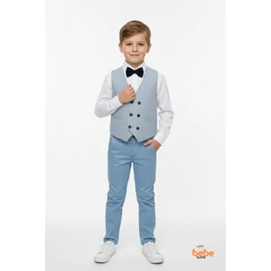 Erkek Çocuk 4’lü Smokin Takım, Gömlek Yelek Papyon ve Pantolon Şık Kombin, Davet & Özel Gün Mavi