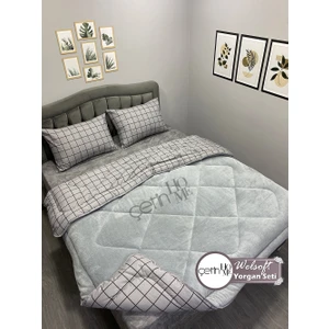 Çetin Home Çetinhome Çift Kişilik Desenli Welsoft Yorgan Seti Kare Füme (Çarşafsız)