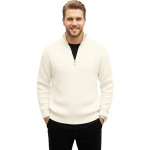 Erkek Ekru Yarım Fermuarlı Oversize Kesim Triko Kazak – %100 Pamuk, Yumuşak Dokulu Örgü Kazak 2608511