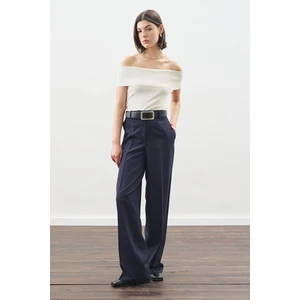 Pile Detaylı Düz Kesim Pantolon Lacivert