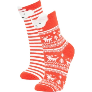 Kadın Yılbaşı Temalı 3D 2'li Pamuklu Uzun Çorap B5351AXNS