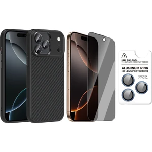 iPhone 17 Pro Max Kılıf M-Safe Şarj Özellikli Karbon Fiber Görünümlü Zore Truva Silikon Kapak + Safir Kamera Lens + Hayalet Ekran Koruyucu