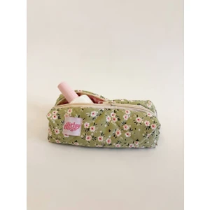 Girlsy Bags Tek Gözlü Kalemlik Yıkanabilir Fermuarlı Okul Kalem Kutusu 21X10X7 Ölçüler Yeşil Çiçekli