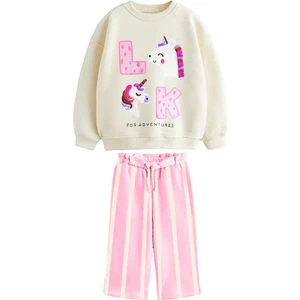 Kız Çocuk Nakış Detaylı 3 Iplik Pamuklu Kumaş Kanvas Pantolonlu Alt Üst Takım