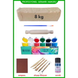 Oyun ve Sanat Seramik Hamuru 8 Kg, Ahşap Ebeşuar (Modelaj Seti), Zımpara, Merdane, Guaj Boya, Fırça, Doğal Kil Oyun Çamuru