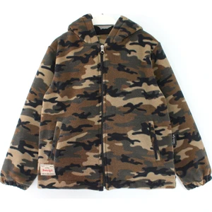 Kapüşonlu Fermuarlı Kamuflaj Unisex Çocuk Kalın Polar Ceket Asker Desenli Çocuk Polar Hırka