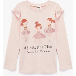 Balerin Baskılı Uzun Kollu Bisiklet Yaka Pamuklu Tişört