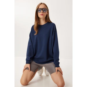 Happiness İstanbul Oversize Basic Yumuşak Modal Sweatshirt LUB0249 Lacivert