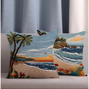 Alkan Homes 2 Li Kombin Nakış Desen Deniz Manzara Dijital Baskılı Kırlent Kılıfı