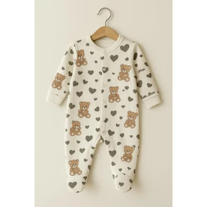 Tuem Baby TUEMBABY%100 Pamuk Ayıcık-Kalp Baskılı Patikli   Unisex Bebek Tulum