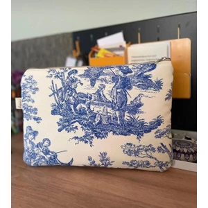 El Yapımı Toile De Jouy Desenli Tablet Çantası 11 Inç Gündelik Askısız Kadın El Çantası