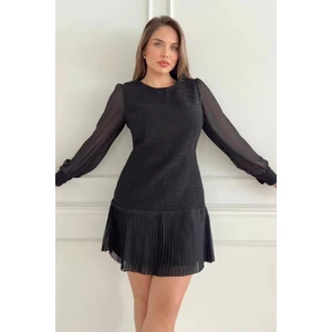 Zishan Fashion Etek Ucu Piliseli Şanel Kumaş Uzun Kollu Midi Boy Modern Tasarım Kadın Elbise 021