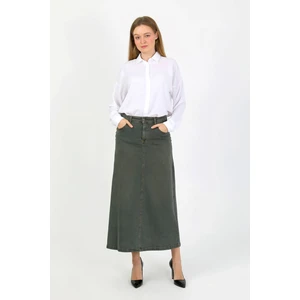 Doğal Kumaşlı Yıldız Rivetlı Kot Etek Yeşil