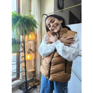 Şimo Butikkız-Erkek Çocuk Şişme Yelek Astarlı Fermuarlı Cepli Su Tutmaz Rüzgar Kesici Isı Yalıtımlı Bronz Taba