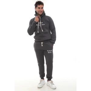 PHANTOM JEANS Füme Şık Içi Polarlı Erkek Eşofman Takımı Paça Lastikli Cepli Kapüşonlu Nakış Detaylı Compact Takım