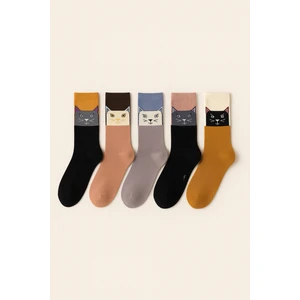 Kadın 5'li Kedi Desenli Soket Çorap