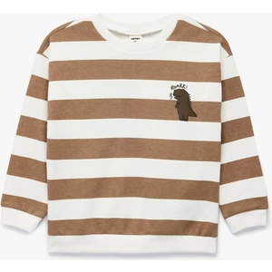 Pamuklu Şardonlu Uzun Kollu Bisiklet Yaka Dinozor Baskılı Çizgili Sweatshirt