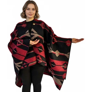 Exve Exclusive Kırmızı Bej Siyah Etnik Desenli Tüylenmez Yünlü Sıcak Tutan Unisex Kampçı Panço Kışlık Şal