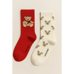 Kadın 2'li Teddy Desenli Yılbaşı Temalı Soket Çorap Kırmızı Mix