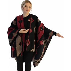 Exve Exclusive Kırmızı Bej Siyah Etnik Tasarım Desenli Tüylenmez Yünlü Sıcak Tutan Unisex Kampçı Panço Kışlık Şal
