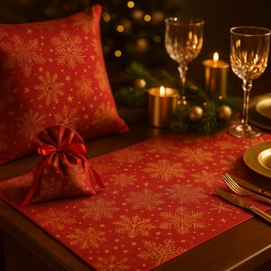Kırmızı Yılbaşı Masa Runner + Kırlent + Hediye Kesesi 3’lü Set – Kar Tanesi Desenli  📝