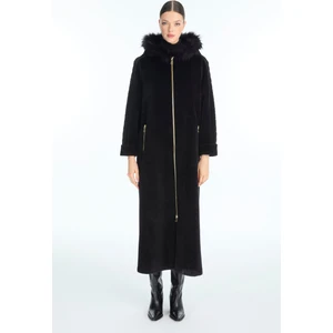 Kürk Kapüşonlu Fermuarlı Manto
