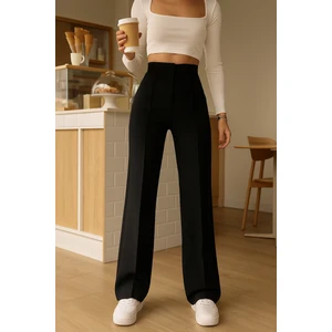 Palazzo Pantolon Oversize Kesim Likralı Yüksek Bel Kadın Siyah Pantolon