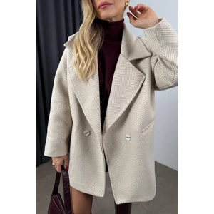 Sue Store Taş Rengi Balık Sırtı Astarlı Oversize Kaşe Kaban