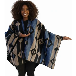 Exve Exclusive Mavi Bej Siyah Etnik Tasarım Desenli Tüylenmez Yünlü Sıcak Tutan Unisex Kampçı Panço Kışlık Şal