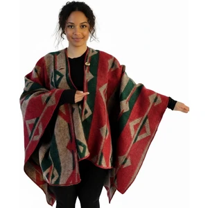 Exve Exclusive Yeşil Bej Kırmızı Etnik Tasarım Desenli Tüylenmez Yünlü Sıcak Tutan Unisex Kampçı Panço Kışlık Şal