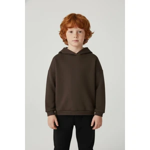 Unisex Çocuk Basic Pamuklu Kapüşonlu Sweatshirt - Kahverengi