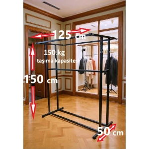 Premium 150 cm Çelik Konfeksiyon En 125 cm Elbise Askılık Tekerlekli Demonte Eşek Portmanto Hanger Rack
