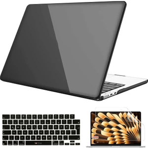 Macbook Air M4 M3 M2 Çip 13.6" A3240 A3113 A2681 ile Uyumlu Parlak Kılıf + Siyah Klavye Kılıfı +Ekran Koruyucu Film