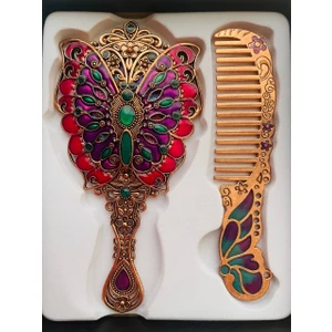 Galata Gift Ayna Tarak Seti, Kutulu-Metal-Hediyelik Takım, 13CM Aynalı Saç Fırçası, Tavuskuşu Figürlü