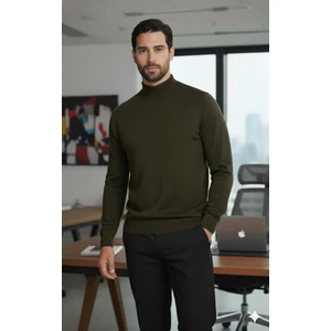 Erkek Haki Yeşil Yarım Balıkçı Yaka Standart Normal Kesim Regular Yün Akrilik Karışımlı Triko Kazak