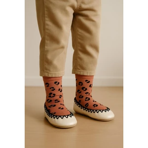 Çocuk Desenli Makosen Soket Çorap Patik Panduf – Kaydırmaz Ev & Anaokulu Ayakkabısı Kahverengi