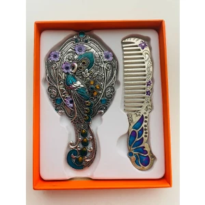 Galata Gift Ayna Tarak Seti, Kutulu-Metal-Hediyelik Takım, 13CM Aynalı Saç Fırçası, Tavuskuşu Figürlü