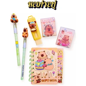 ÖZ OFİS Capybara Kapibara Set Not Defteri 2'li Yumurtlayan Kalem Sürgülü Silgi 2'li Mini Sticker Defter Seti