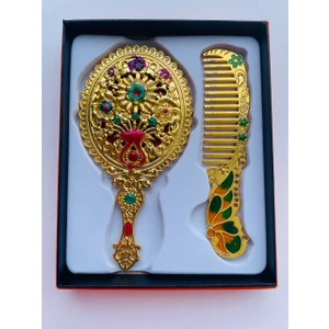 Galata Gift Ayna Tarak Seti, Kutulu-Metal-Hediyelik Takım, 13CM Aynalı Saç Fırçası, Tavuskuşu Figürlü