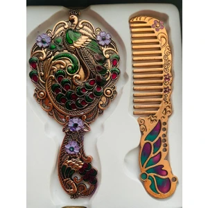 Galata Gift Ayna Tarak Seti, Kutulu-Metal-Hediyelik Takım, 13CM Aynalı Saç Fırçası, Tavuskuşu Figürlü