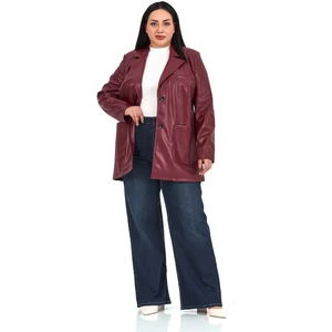 Disentis Modest Büyük Beden Torba Cepli Düğmeli Astarlı Bordo Suni Deri Ceket
