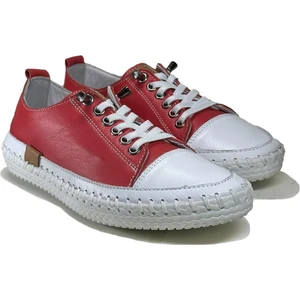 Kadın Hakiki Deri Kırmızı Sneaker El Dikişli Günlük Spor Ayakkabı Bağcıklı Rahat Taban
