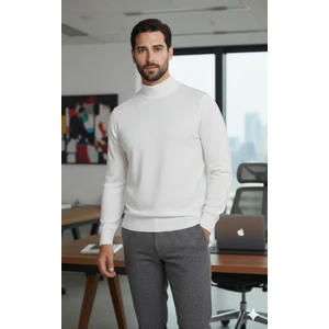 Erkek Kırık Beyaz Yarım Balıkçı Yaka Standart Normal Kesim Regular Yün Akrilik Karışımlı Triko Kazak